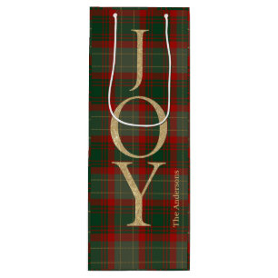 Elegant Joyful Christmas script tartan red Wine Gift Bag