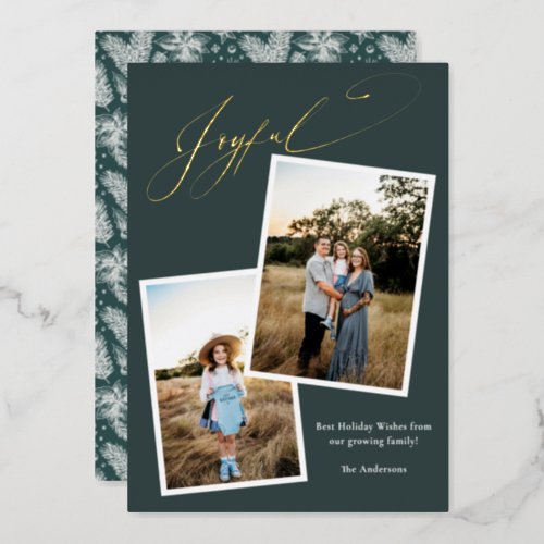 Elegant Joyful Green Calligraphy Photo Pregnancy Foil Holiday Card