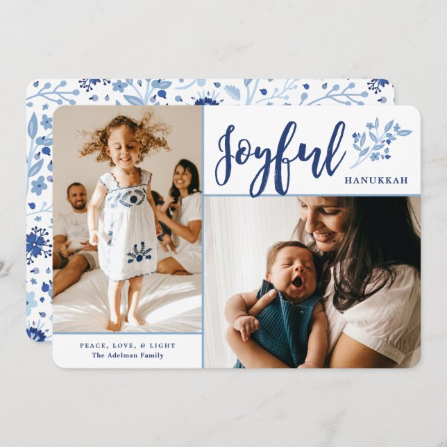Elegant Joyful Hanukkah 2 Photo Holiday Card (Front/Back)