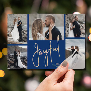 Elegant JOYFUL Multi Photo Blue Christmas Holiday Card