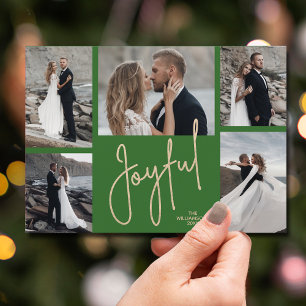 Elegant JOYFUL Multi Photo Green Christmas Holiday Card