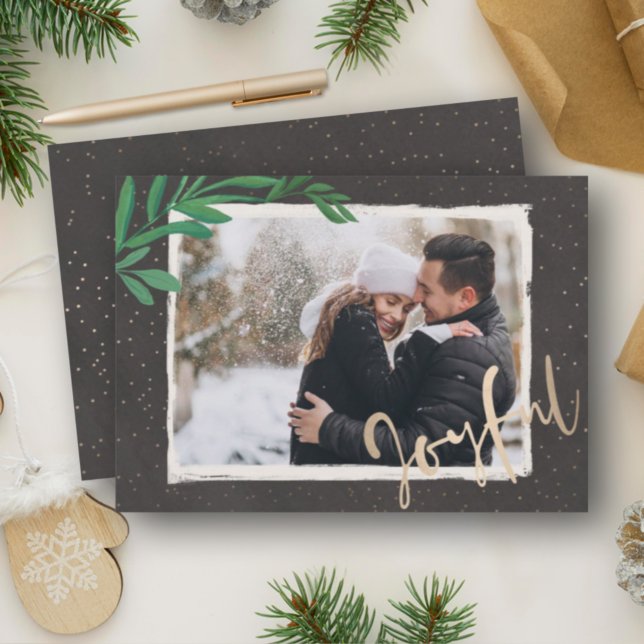 Elegant Joyful on Black Christmas Photo Holiday Card (Creator Uploaded)