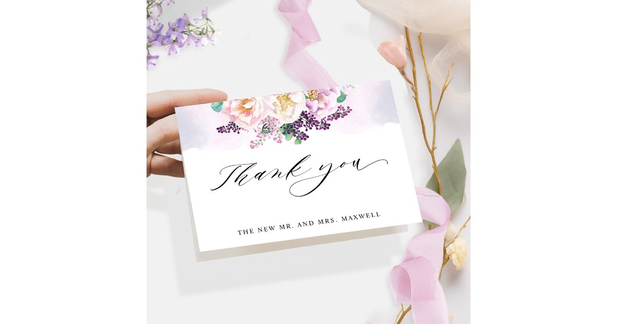 Elegant Joyful Purple Floral Wedding Folded Thank You Card | Zazzle