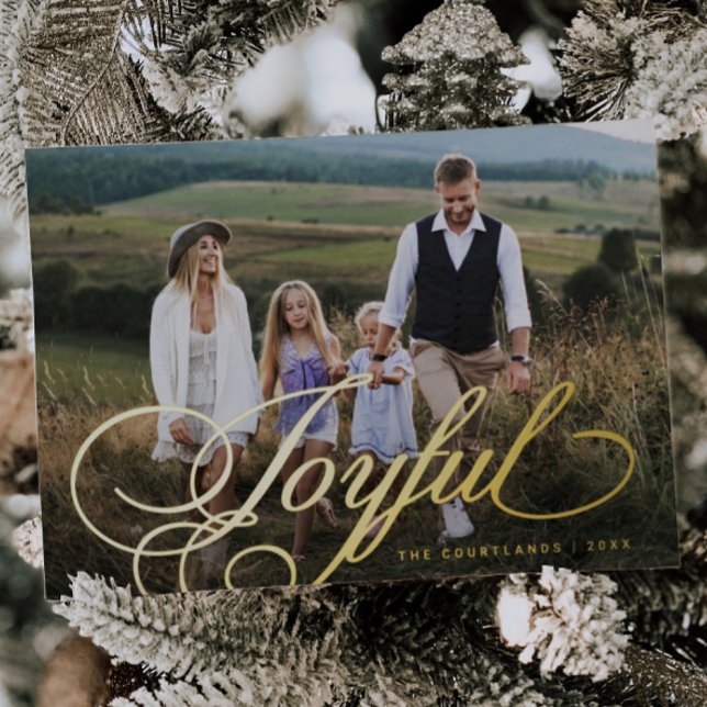 Elegant Joyful Script Christmas Photo Foil Holiday Card (Creator Uploaded)
