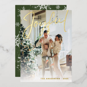 Elegant Joyful Script Family Photo Snowflakes Foil Holiday Card