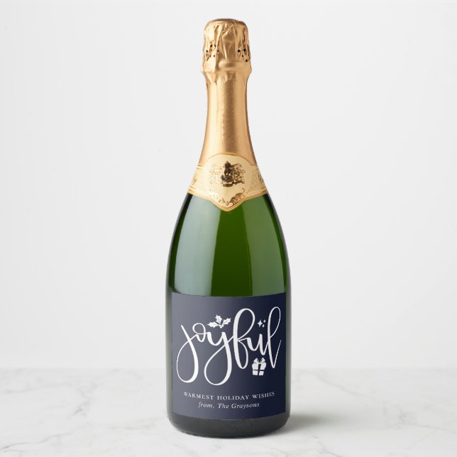 Elegant Joyful Script Navy Blue Holiday Sparkling Wine Label (Front)
