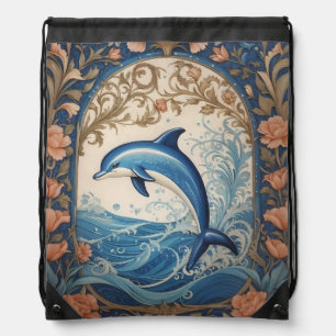 Elegant Jumping Dolphin William Morris Inspired Drawstring Bag