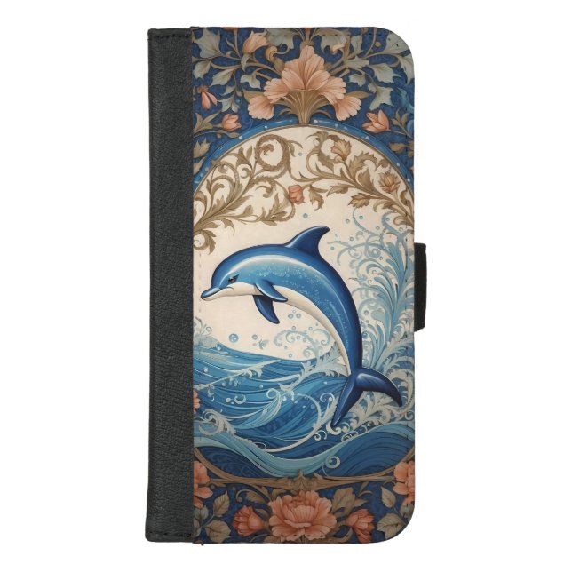 Elegant Jumping Dolphin William Morris Inspired iPhone Wallet Case (Front)