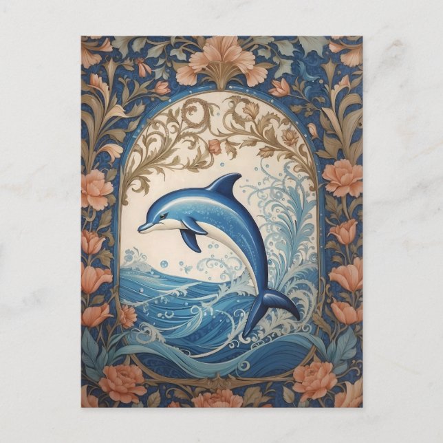 Elegant Jumping Dolphin William Morris Inspired Postcard (Front)