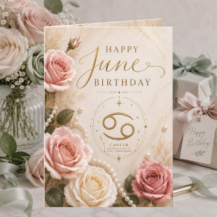 Elegant June Birthday Card Cancer Roses Pearls