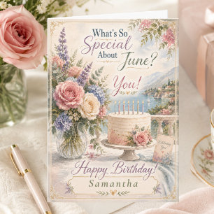 Elegant June Birthday Card Custom Name Floral Cake