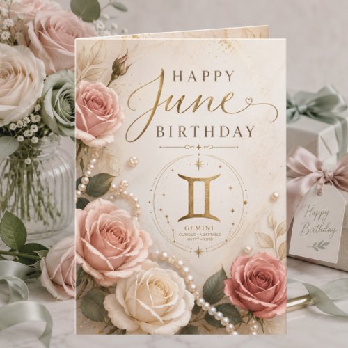 Elegant June Birthday Card Gemini Roses Pearls