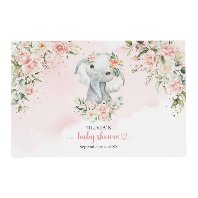 Elegant jungle girl elephant blush flowers gold  placemat (Front)