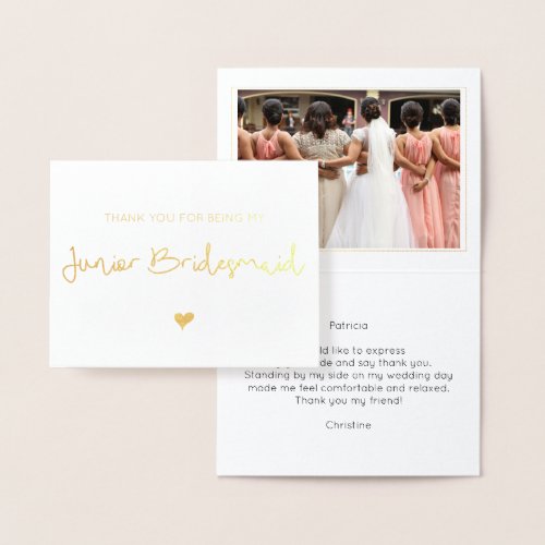 Elegant Junior Bridesmaid Thank You Photo Gold Foil Card