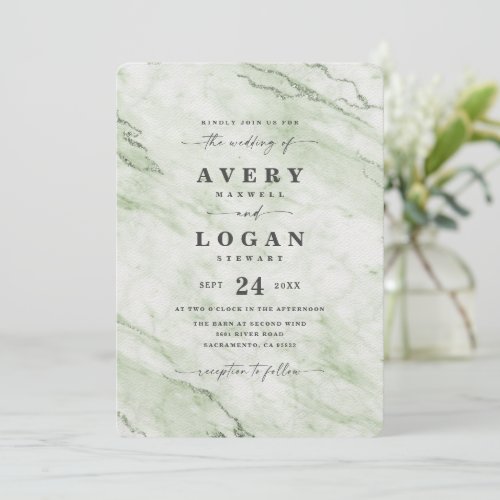 Elegant Juniper Green Metallic Marble Wedding Invitation