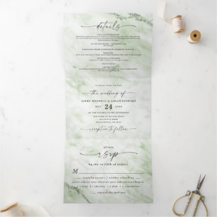 Elegant Juniper Sage Green Metallic Marble Wedding Tri-Fold Invitation