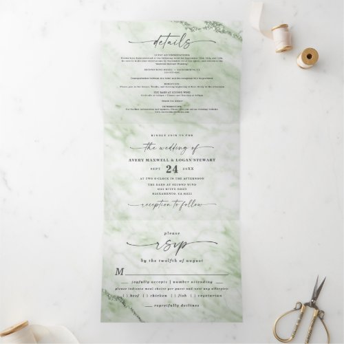 Elegant Juniper Sage Green Metallic Marble Wedding Tri_Fold Invitation