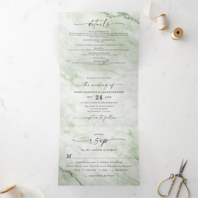 Elegant Juniper Sage Green Metallic Marble Wedding Tri-Fold Invitation (Inside)