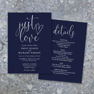 Elegant Just Love All In One Navy Blue Wedding Invitation