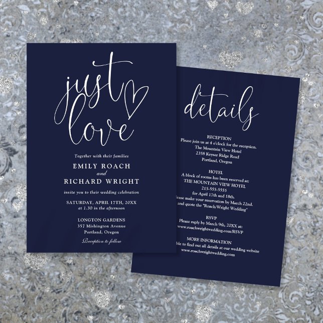 Elegant Just Love All In One Navy Blue Wedding Invitation (Elegant Just Love All In One Navy Blue Wedding Invitation)
