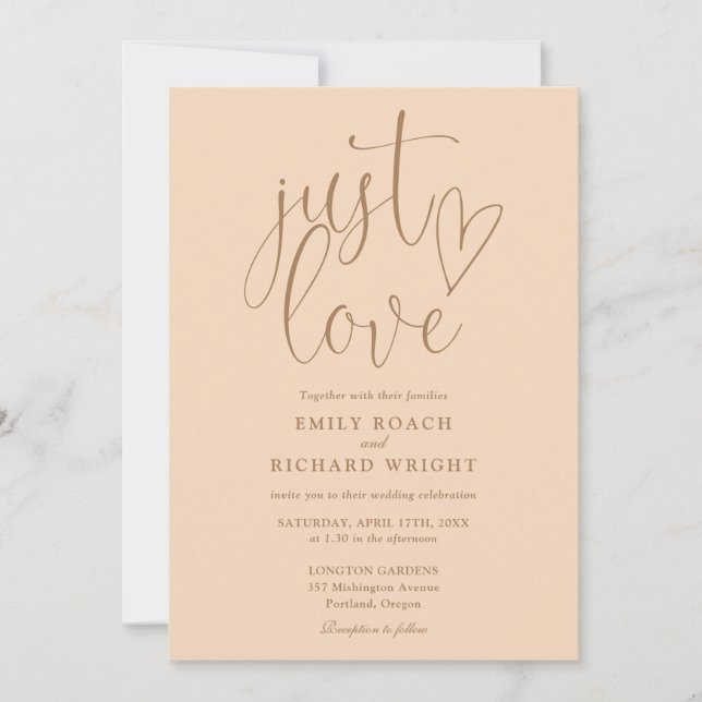Elegant Just Love All In One Soft Peach Wedding Invitation (Front)