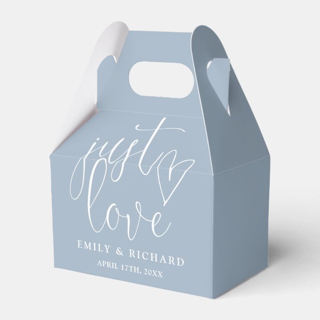 Elegant Just Love Heart Dusty Blue Wedding Favor Boxes (Front Side)