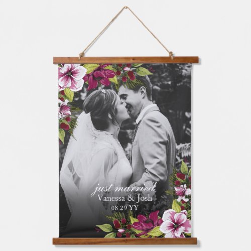 Elegant Just Married Berry Greenery Floral Wedding Hanging Tapestry