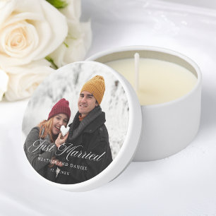 Elegant Just Married Calligraphy Wedding Photo Mini Candle Favors