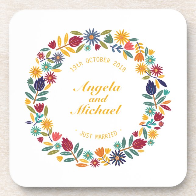 Elegant Just Married Floral Wedding | Coaster (Front)