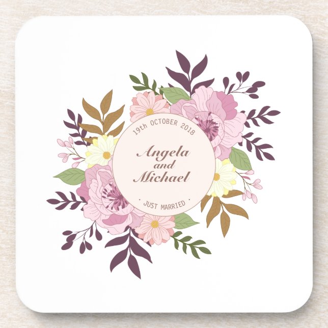 Elegant Just Married Floral Wedding | Coaster (Front)