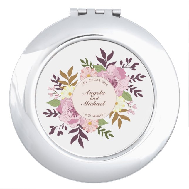 Elegant Just Married Floral Wedding Compact Mirror (Front)
