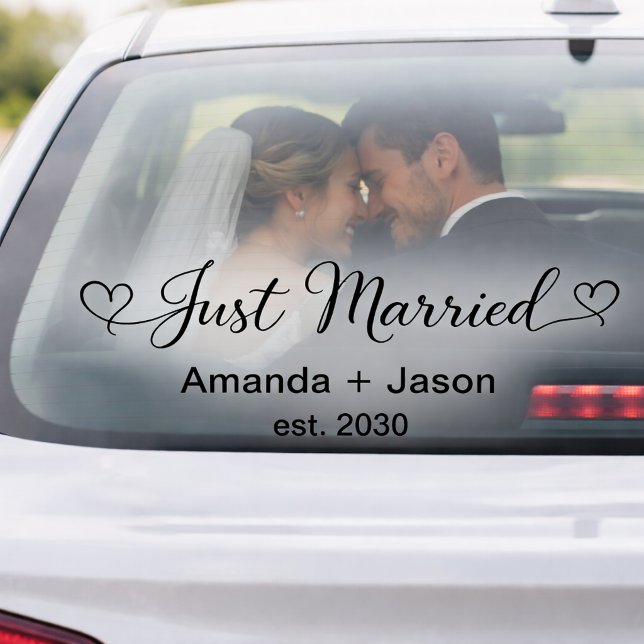 Elegant Just Married Hearts Black Script Window Cling (Creator Uploaded)