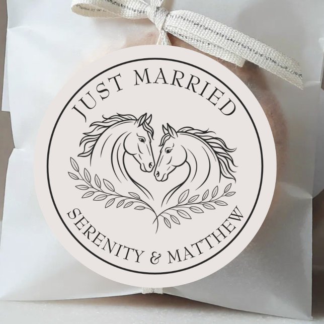 Elegant Just Married Horse Rustic Country Wedding Classic Round Sticker (Creator Uploaded)