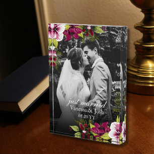 Elegant Just Married Magenta Green Floral Wedding Photo Block