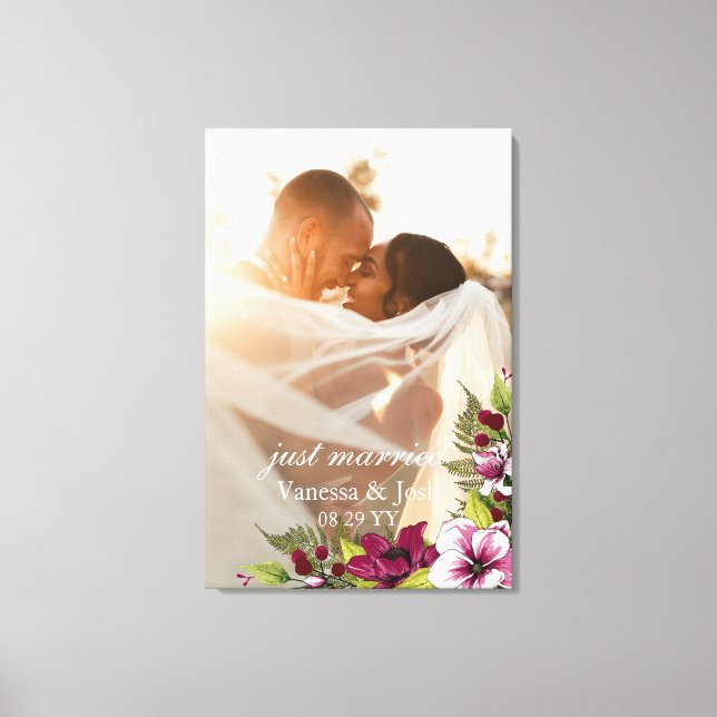 Elegant Just Married Magenta White Floral Wedding Canvas Print (Front)