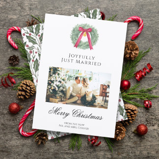 Elegant Just Married Newlywed Christmas Photo Card