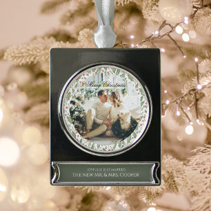 Elegant Just Married Newlywed Photo Christmas Silver Plated Banner Ornament