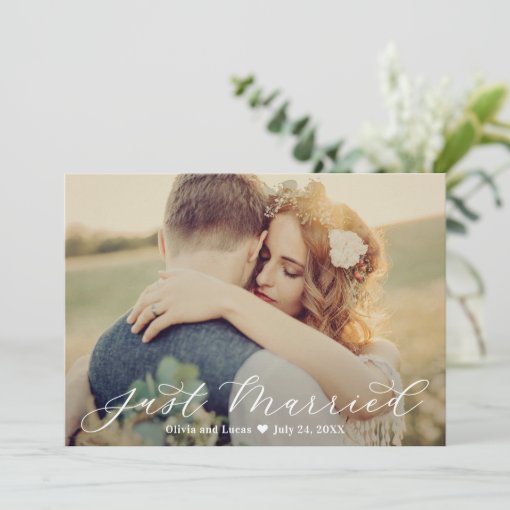 Elegant Just Married White Script Wedding Photo Announcement | Zazzle