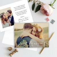 Elegant Just Married White Script Wedding Photo Announcement