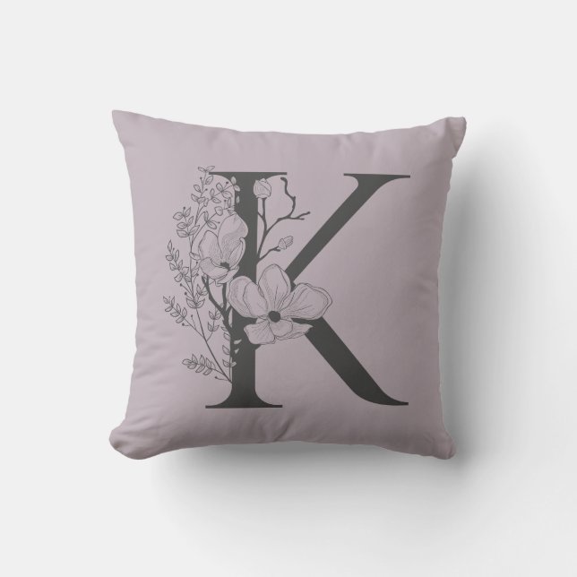 Elegant K Boho Floral Monogram Initial Lilac Gray Throw Pillow (Front)