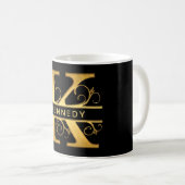 Elegant "K" Monogram Personalized Name Black Gold Coffee Mug (Front Right)