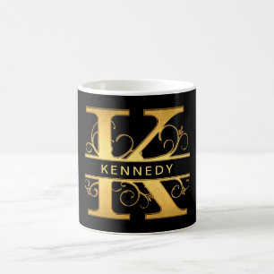 Elegant "K" Monogram Personalized Name Black Gold Coffee Mug