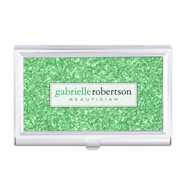 Elegant Kelly Green Glitter Texture Print Business Card Holder (Front)