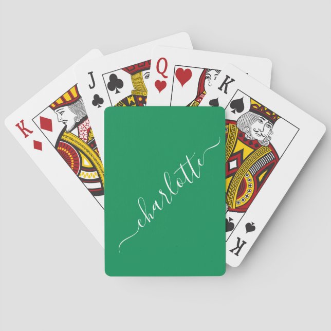 Elegant Kelly Green Script Name Personalized Poker Cards (Back)