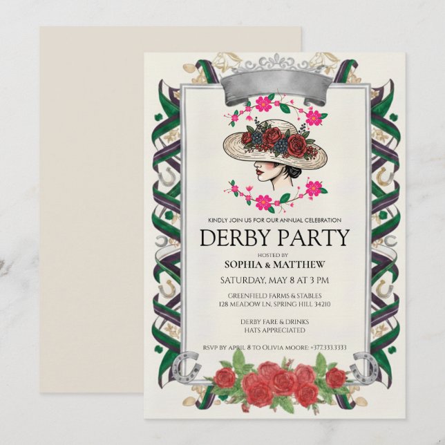 Elegant Kentucky Derby Party Floral Invitation (Front/Back)