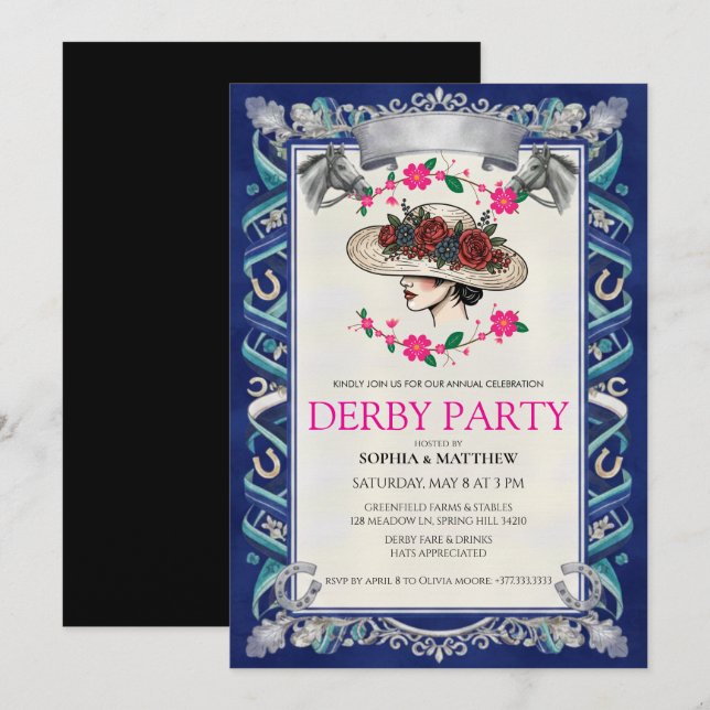 Elegant Kentucky Derby Party Floral Invitation (Front/Back)