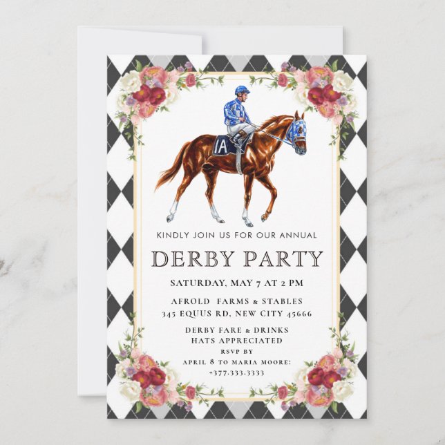 Elegant Kentucky Derby Party Invitation with Horse (Front)