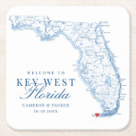 Elegant Key West Florida Wedding Square Paper Coaster<br><div class="desc">Elevate your tropical beach wedding in Key West with our elegant navy blue Florida map-themed paper coasters. Perfect for your cocktail hour at the Hemingway Home and Museum, Audubon House and Tropical Gardens, The Reach Key West, Casa Marina Key West, and Southernmost Beach Resort, these coasters add a stylish and...</div>