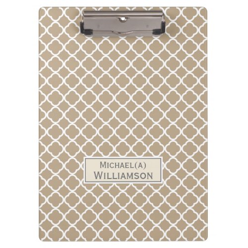 Elegant Khaki Light Brown White Quatrefoil Pattern Clipboard