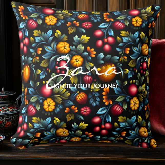 Elegant Khokhloma Floral Design Personalized  Throw Pillow (Creator Uploaded)